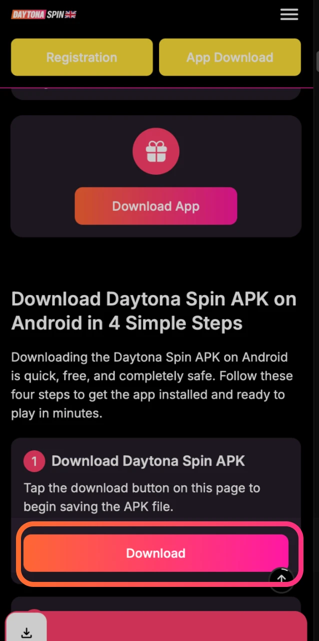 Tap the download button to start saving the official Daytona Spin APK file to your Android device.
