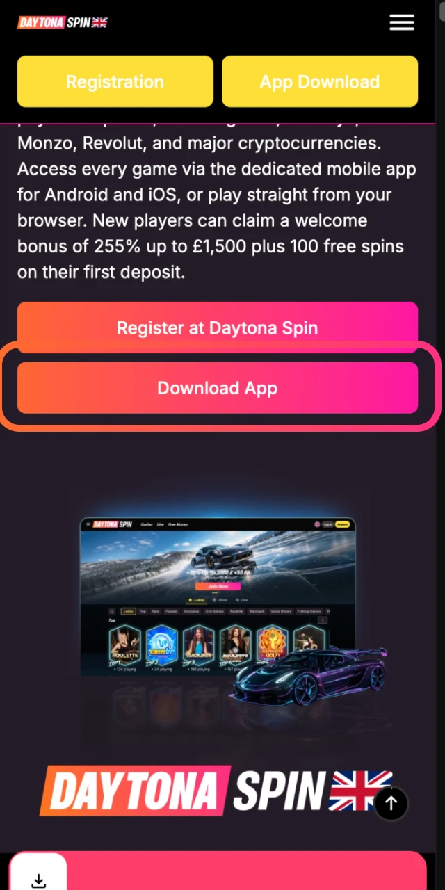 Tap the button on this page to install the Daytona Spin app on your device.