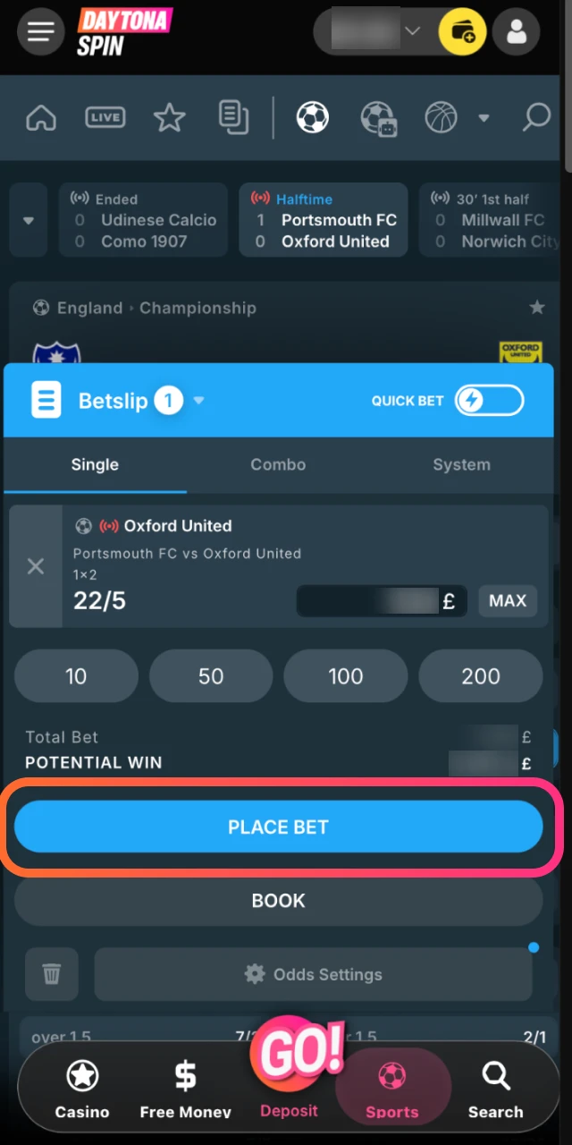 Enter your stake amount, review your bet slip, and tap confirm to place your bet.