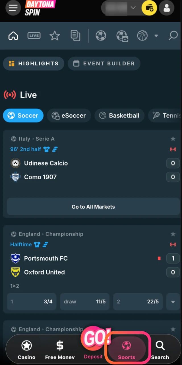 Tap the Sports section in the Daytona Spin app to browse available events.
