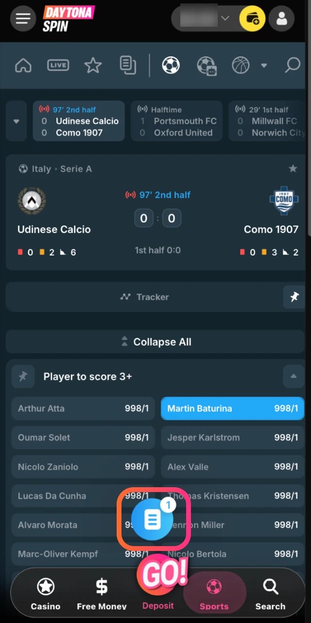 Choose an event and market, then add your selection to the bet slip in the Daytona Spin app.