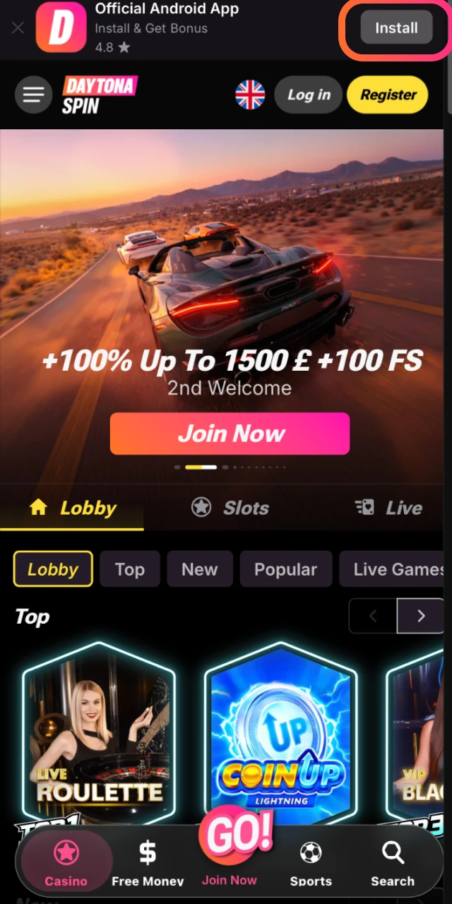 Tap the download button to install the Daytona Spin app on your device.