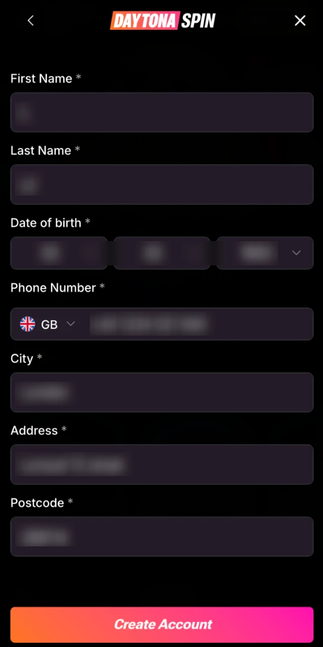 Create a secure password for your new Daytona Spin account.