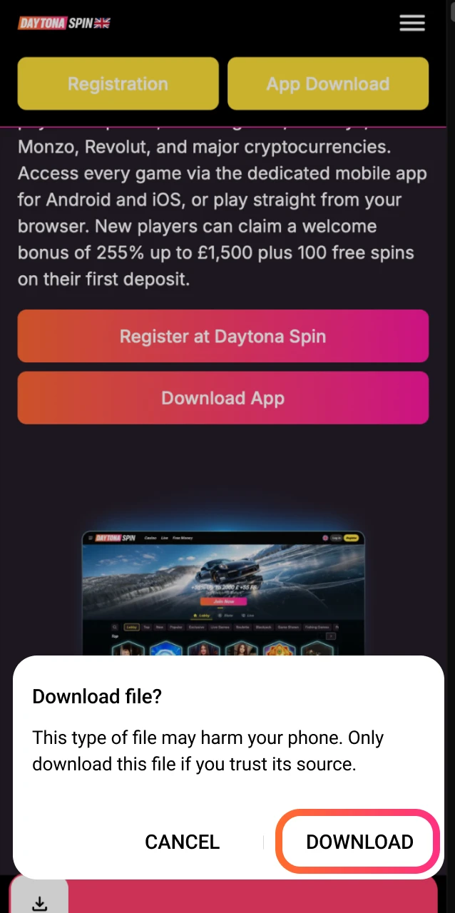 Save the updated Daytona Spin APK file to your Android device.