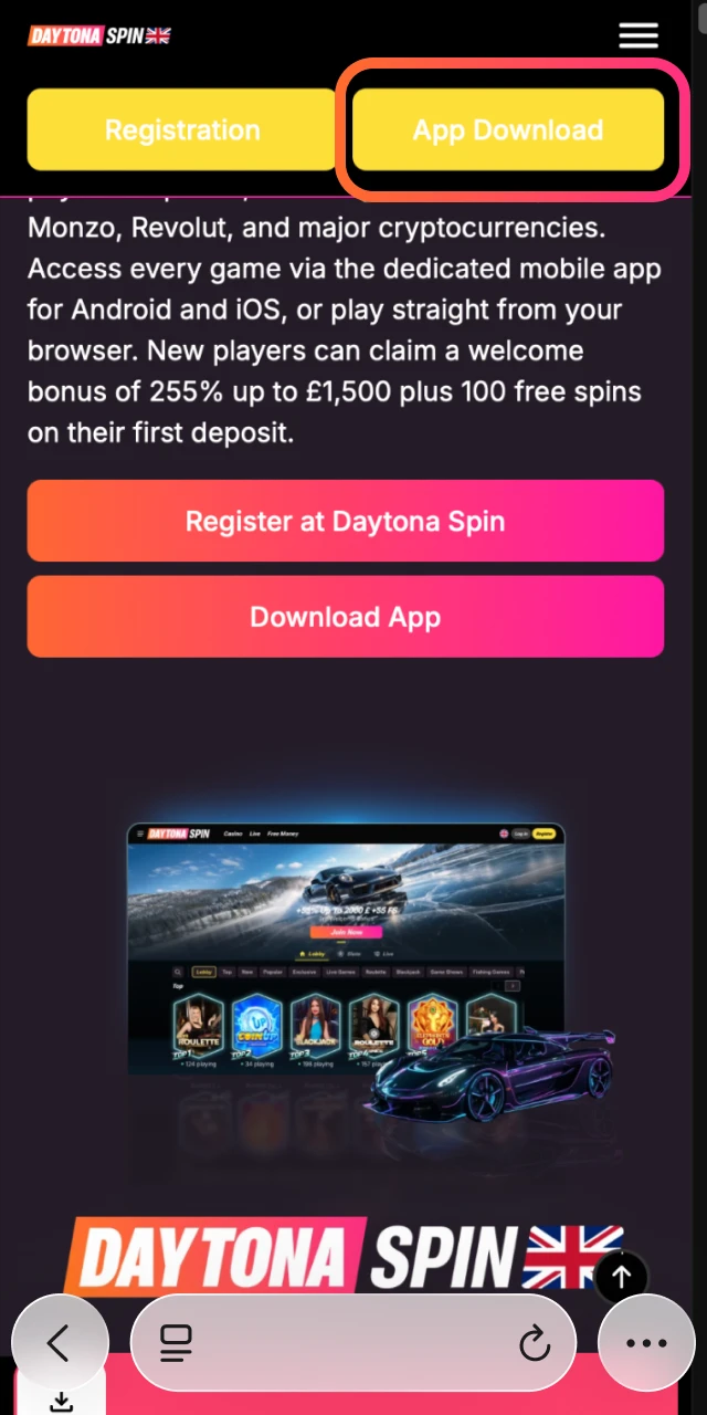 Tap the iOS download button on this page to start installing the official Daytona Spin app.