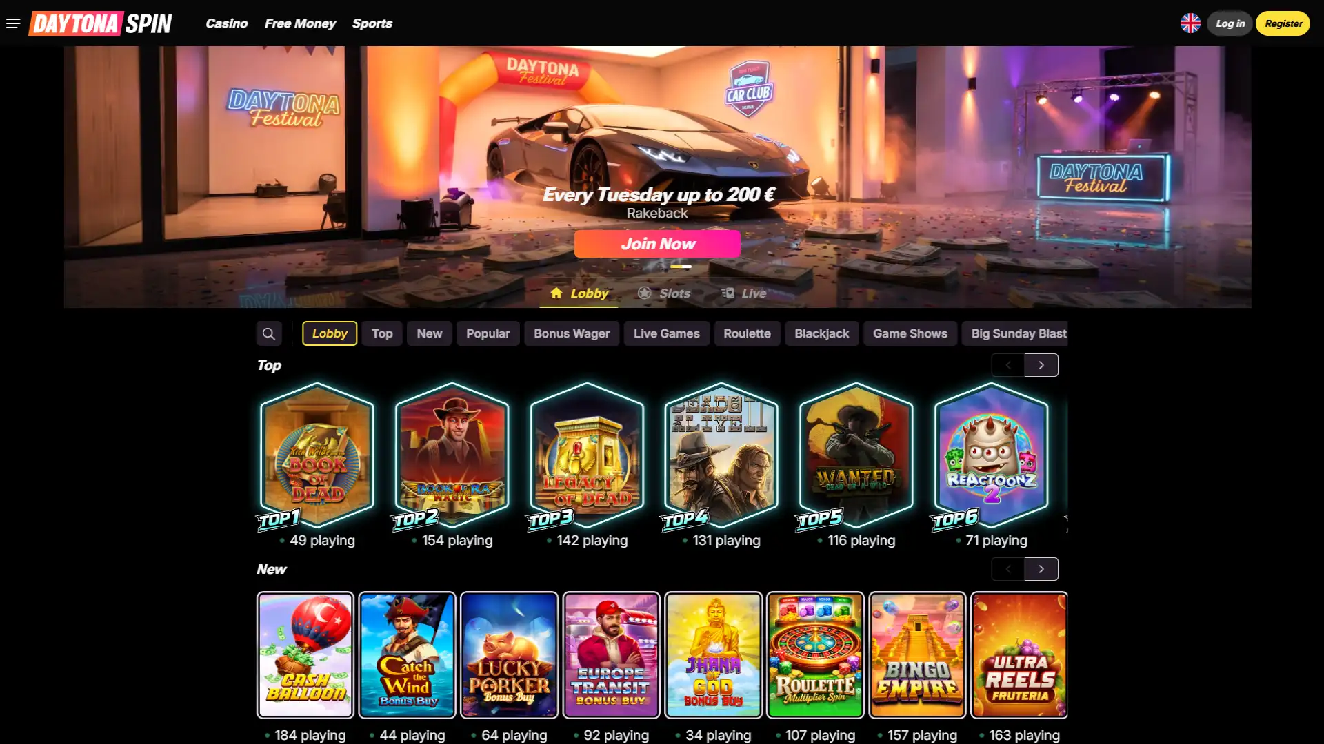 Explore the central gaming dashboard to view all Daytona Spin features.